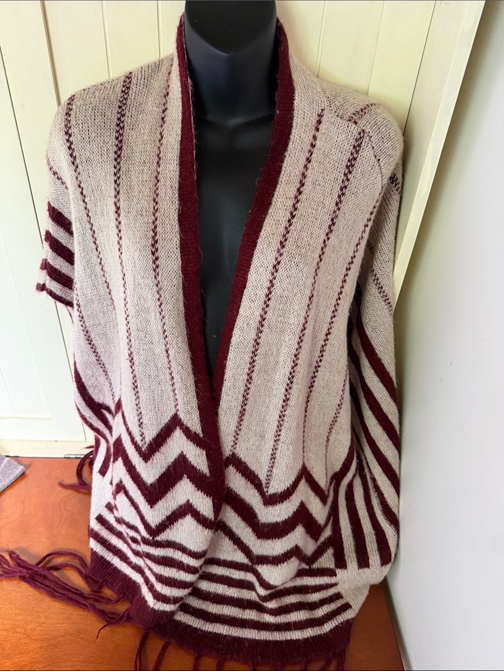 Blu Pepper Beige and Burgundy Striped Open-Front Poncho